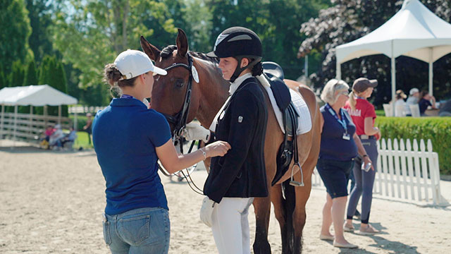 Trainer & rider standing next to horse at an event