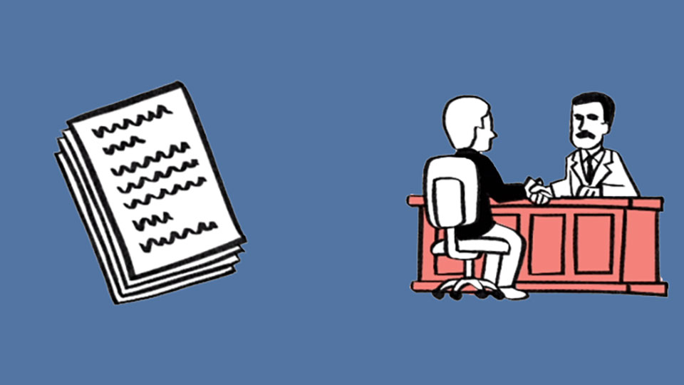 Cartoon document stack & 2 people sitting at a desk shaking hands